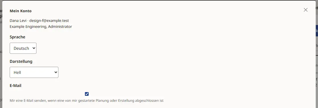 Mein Konto: Sprache und Darstellung