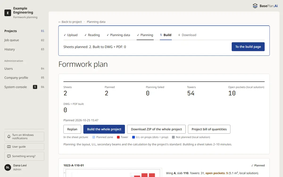 The formwork plan: a sheet with its zones and files