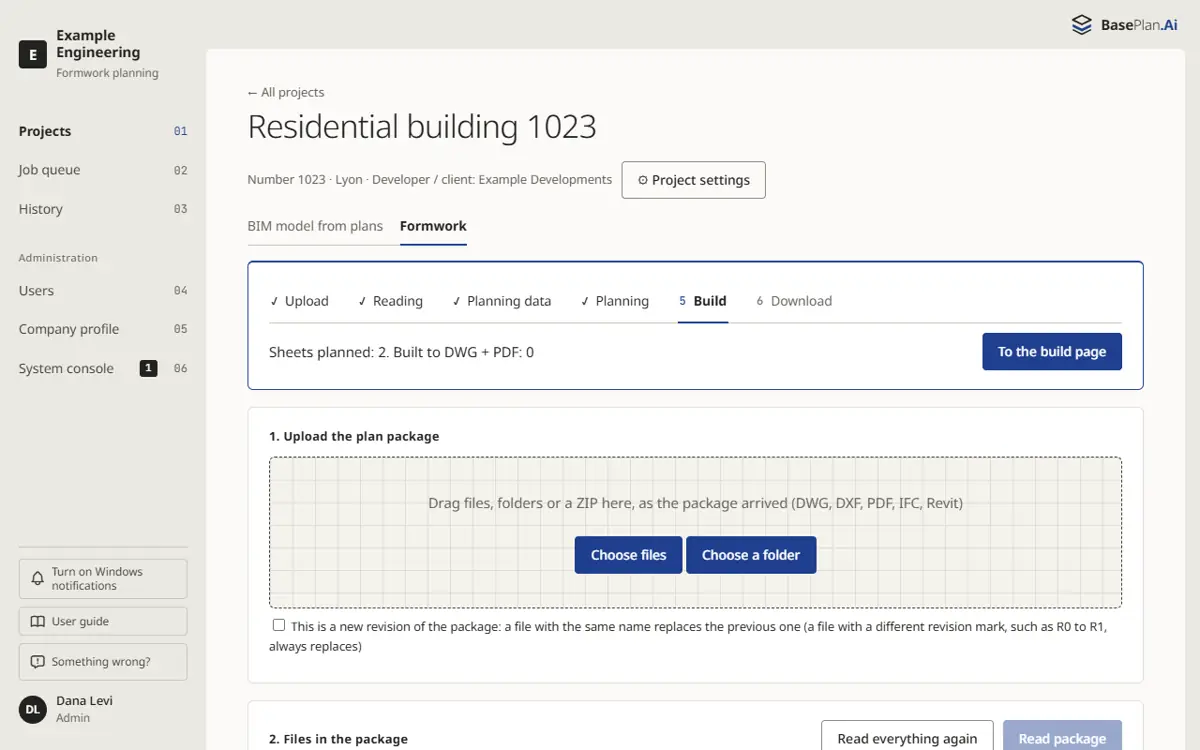 The project page: upload, files and progress