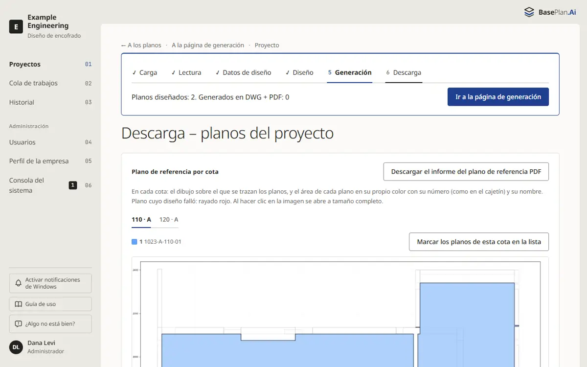 La página de descarga con el mapa de los planos