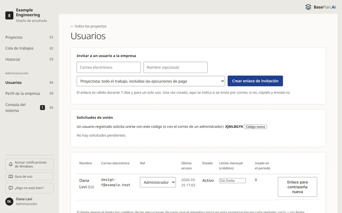 La página de usuarios