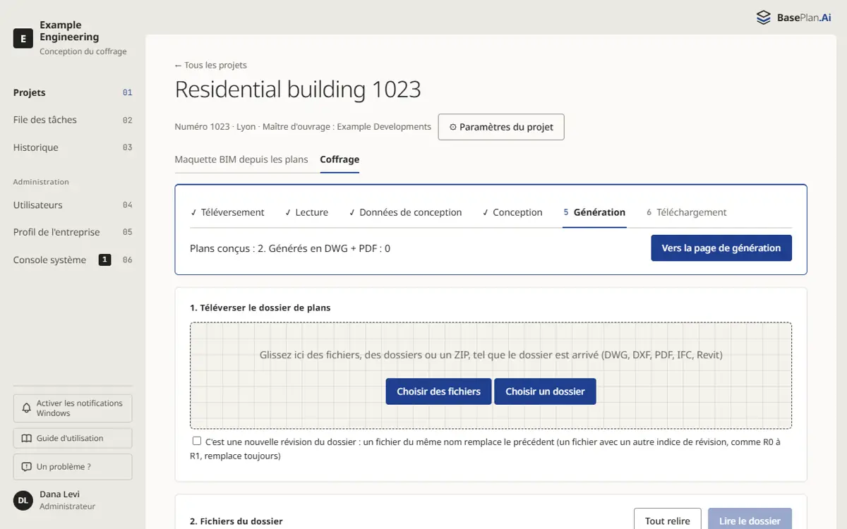 La page du projet : téléversement, fichiers et progression